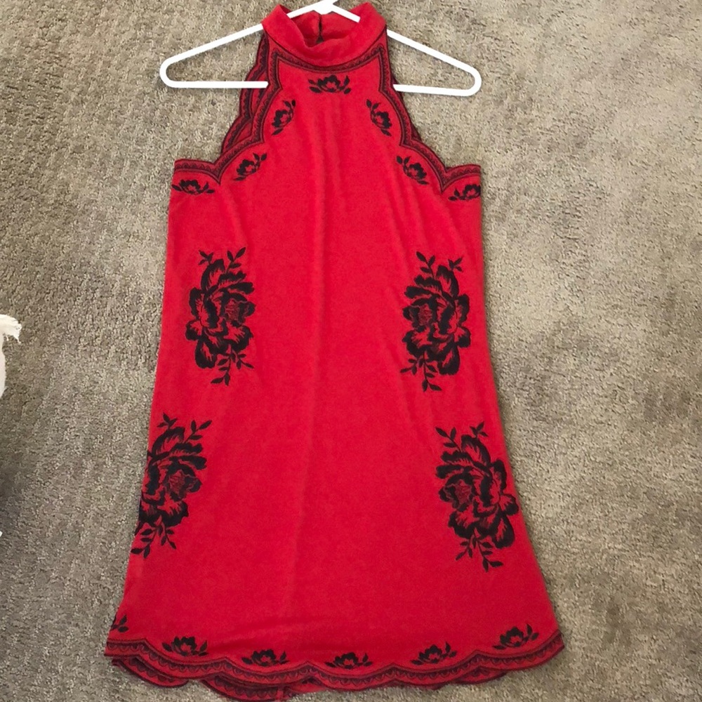 Red embroidered high neck dress